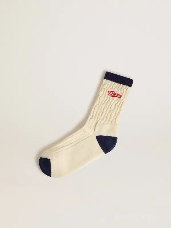 Cream ribbed socks with navy blue details and red logo online