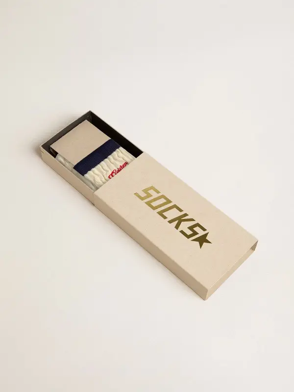 Cream ribbed socks with navy blue details and red logo online