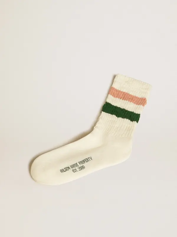 Worn-white socks with distressed details and pink and green stripes online