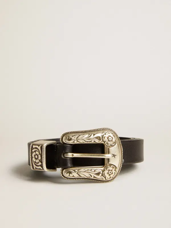Black belt in washed leather with silver color buckle online