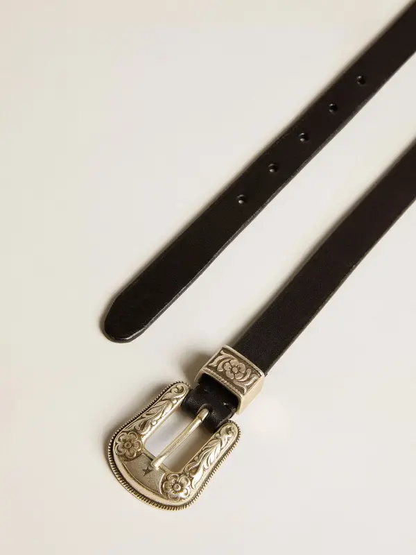 Black belt in washed leather with silver color buckle online