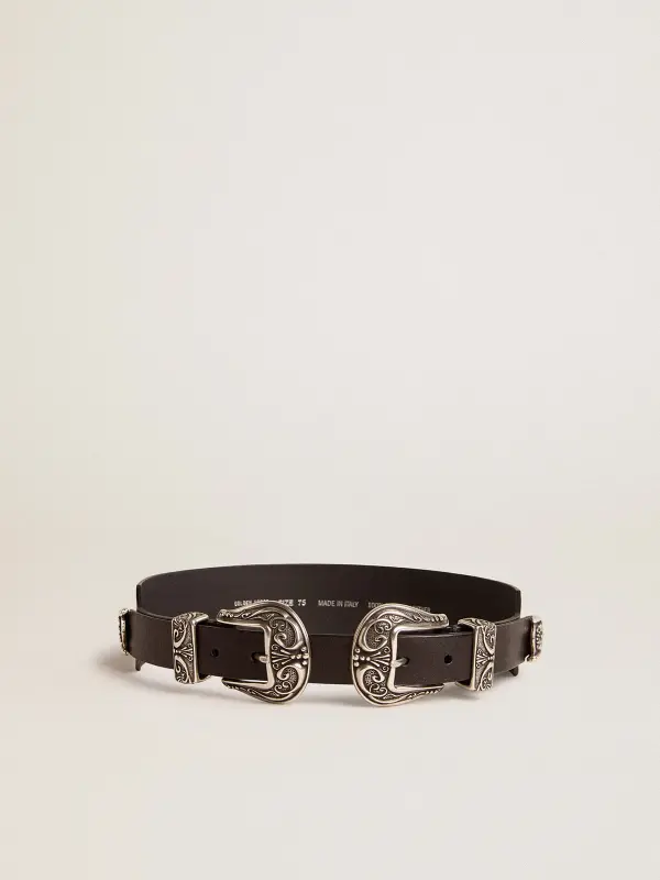 Black belt in washed leather with silver-colored double buckle online