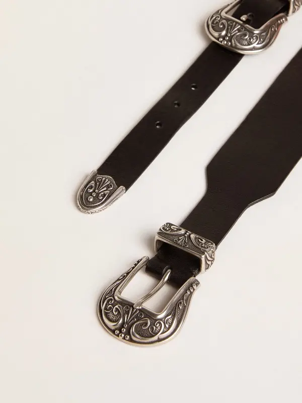 Black belt in washed leather with silver-colored double buckle online