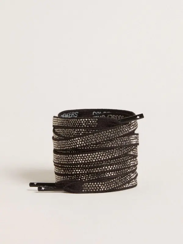 Black cotton laces with silver Swarovski crystals and white logo online