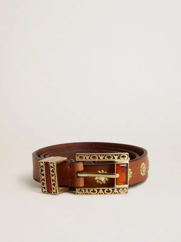 Brown leather belt with golden floral studs and amber inserts online