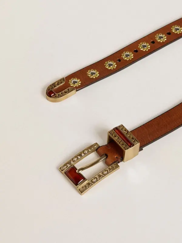 Brown leather belt with golden floral studs and amber inserts online