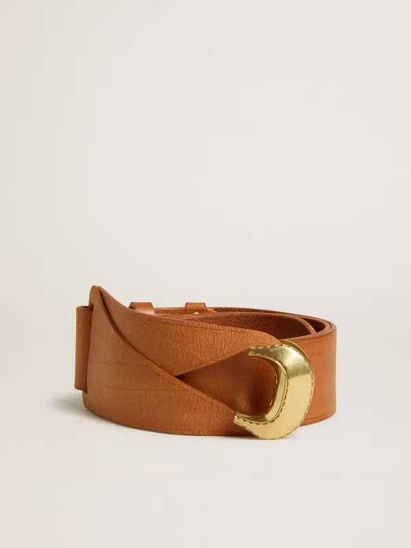 Brown leather belt with semi-circular gold buckle online