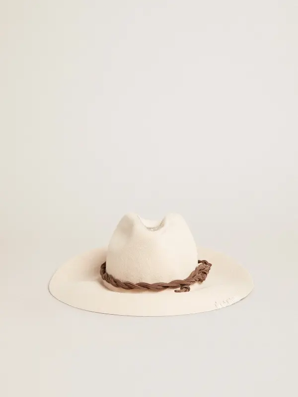 Parchment-colored fedora hat with leather band online