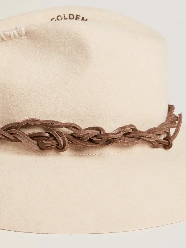 Parchment-colored fedora hat with leather band online