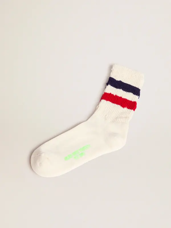 Vintage white socks with distressed details and two-tone stripes online