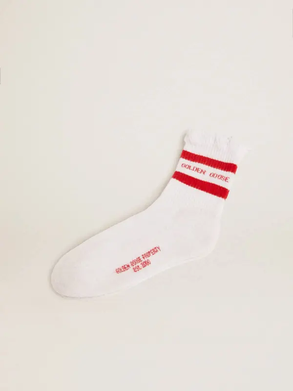 White socks with distressed details and red stripes online