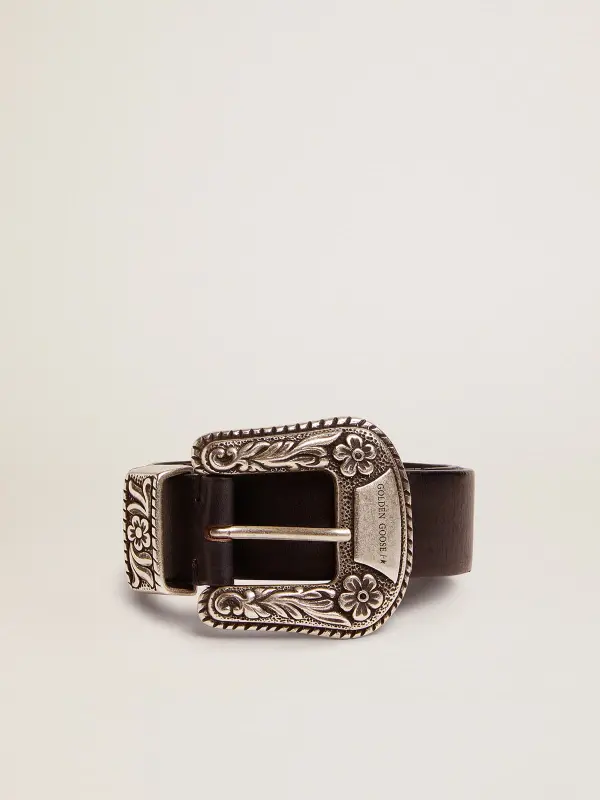 Women’s belt in black leather with silver decorated buckle online