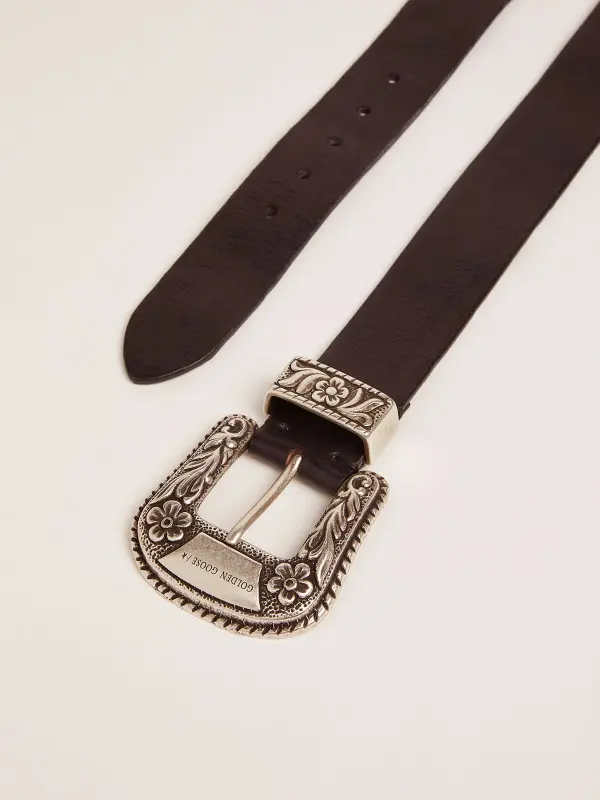 Women’s belt in black leather with silver decorated buckle online