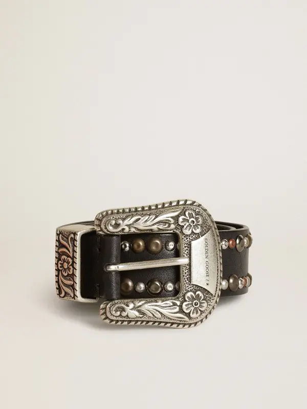 Women’s belt in black leather with studs online