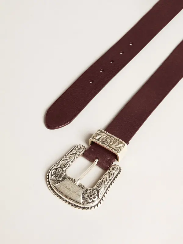 Women’s belt in burgundy leather with decorated silver buckle online