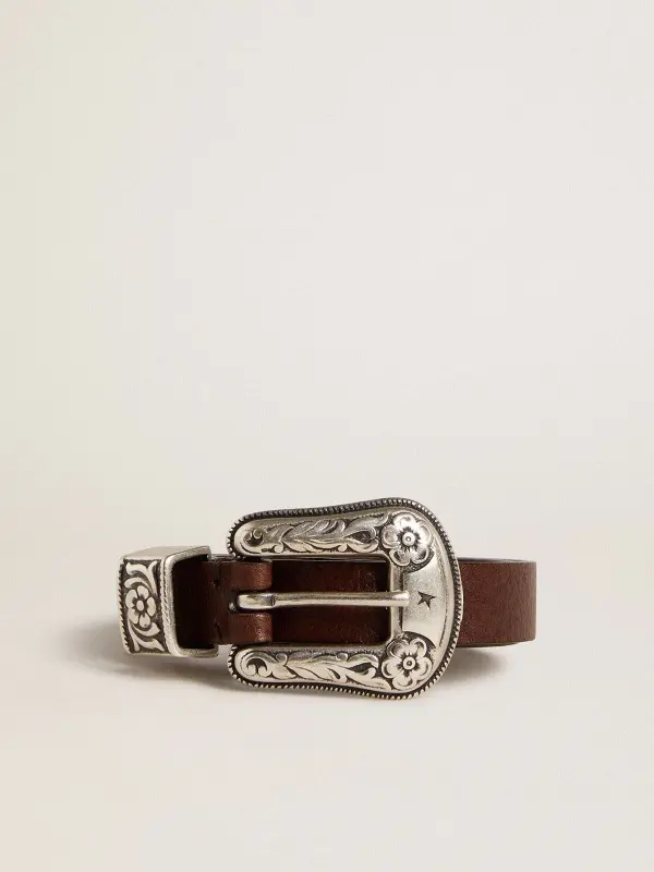 Women’s dark brown leather belt with decorated silver buckle online