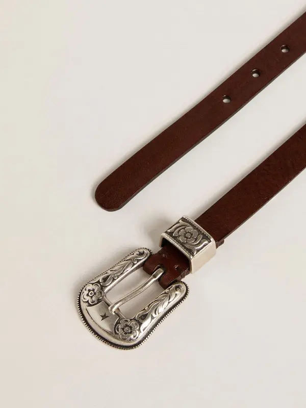 Women’s dark brown leather belt with decorated silver buckle online