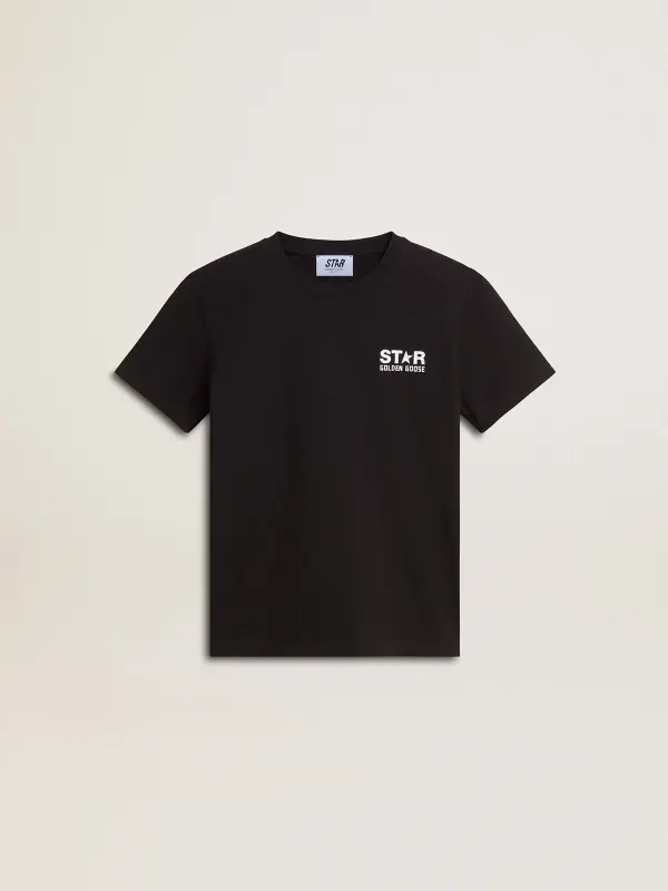 Black T-shirt with contrasting white logo on the front and maxi star on the back online