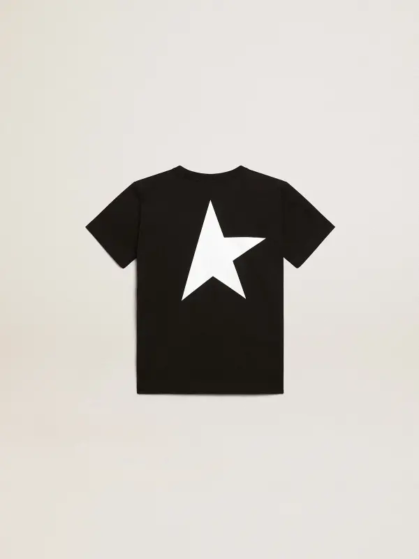 Black T-shirt with contrasting white logo on the front and maxi star on the back online