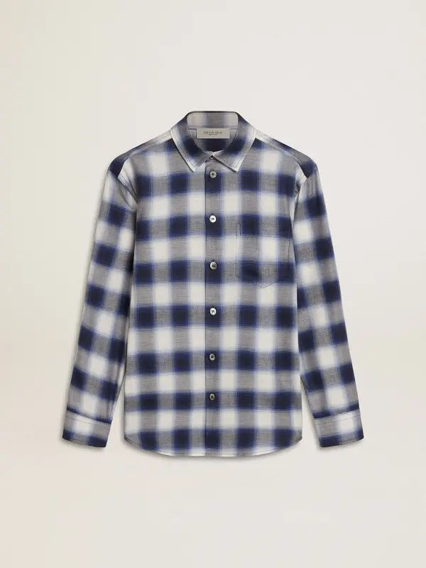 Boy’s blue and white checked shirt with print on the back online