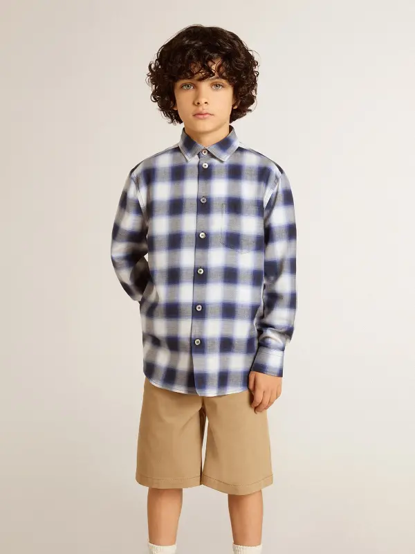 Boy’s blue and white checked shirt with print on the back online