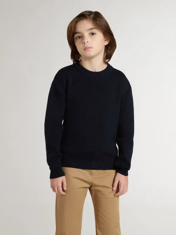 Boy’s blue crew-neck sweater with ‘Golden’ lettering on the back online