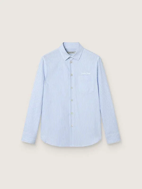 Boy’s shirt in light blue and white striped cotton with embroidered logo online