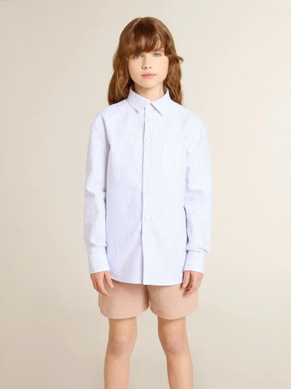 Boy’s shirt in light blue and white striped cotton with embroidered logo online