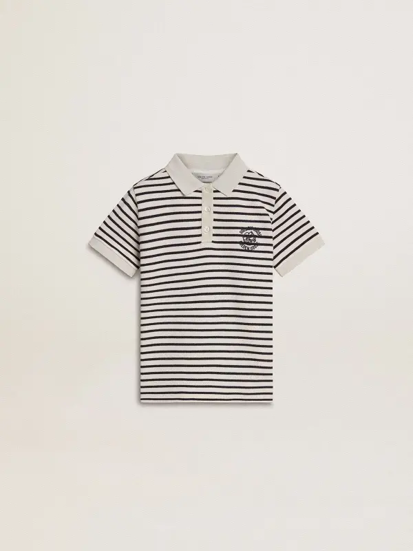 Boy’s white cotton polo with navy blue stripes and embroidery online