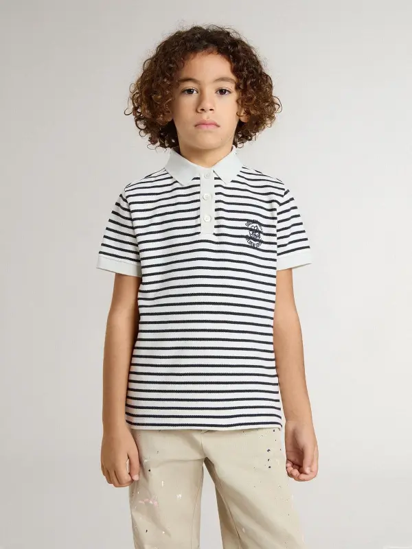 Boy’s white cotton polo with navy blue stripes and embroidery online