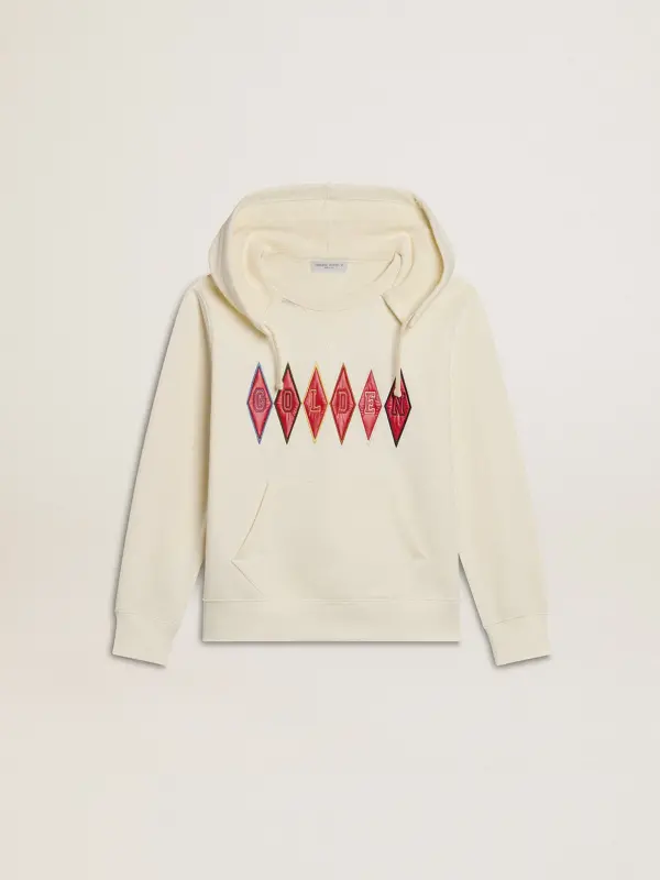 Hooded sweatshirt in worn white with Golden embroidery on the front online