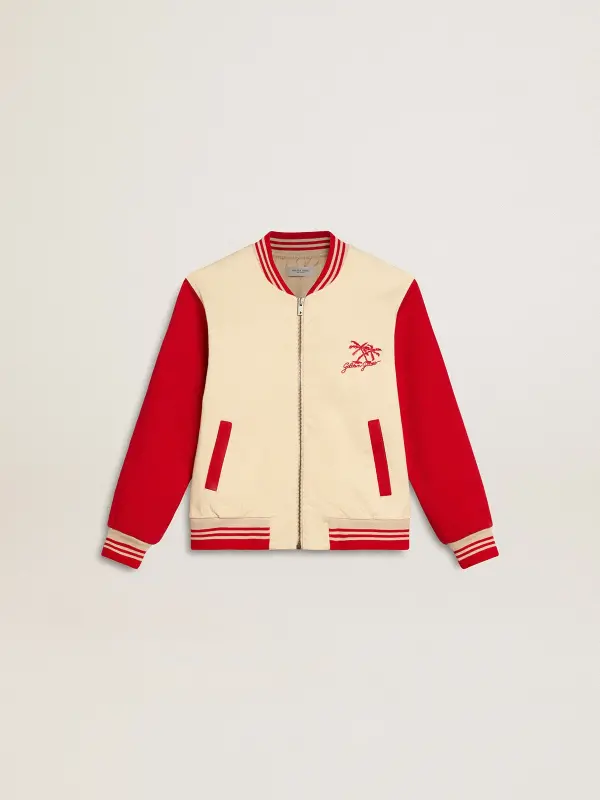 Kid’s bomber jacket in beige and red cotton with embroidery on the chest online
