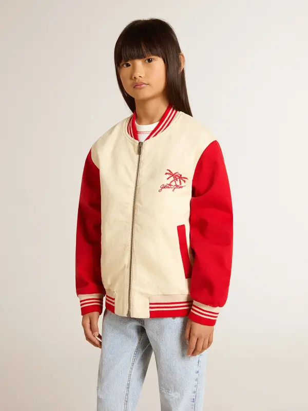 Kid’s bomber jacket in beige and red cotton with embroidery on the chest online