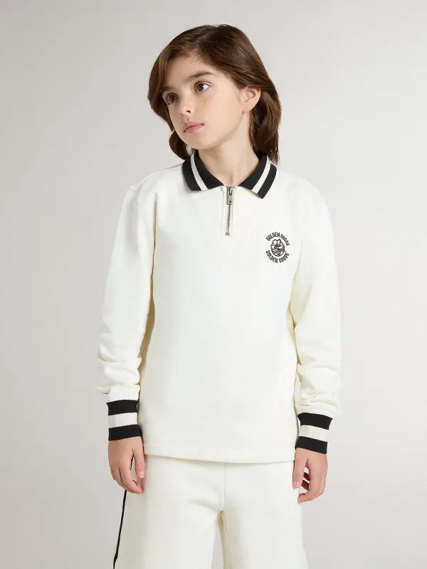 Kids white cotton polo sweatshirt with embroidery on the chest and print on the back online