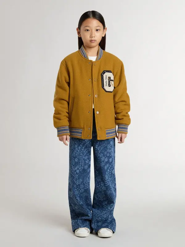 Kid’s wool bomber jacket in ochre yellow with patch online
