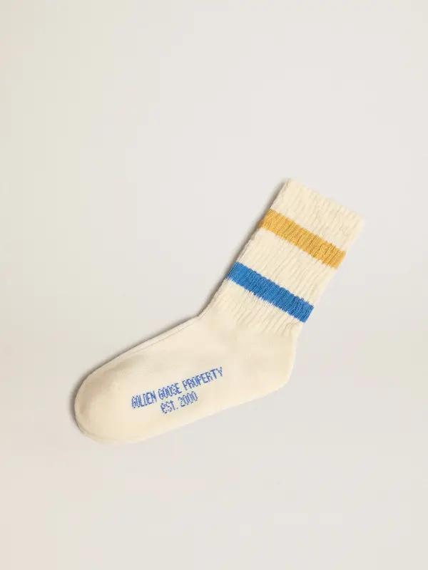 Worn white Kids socks with distressed details and two-tone bright blue and mustard stripes online