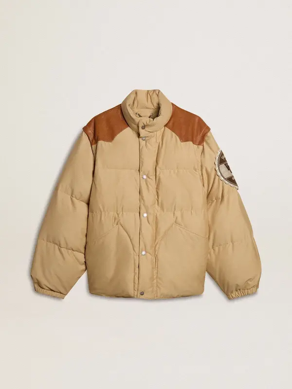 Beige bomber jacket with leather and patch details online