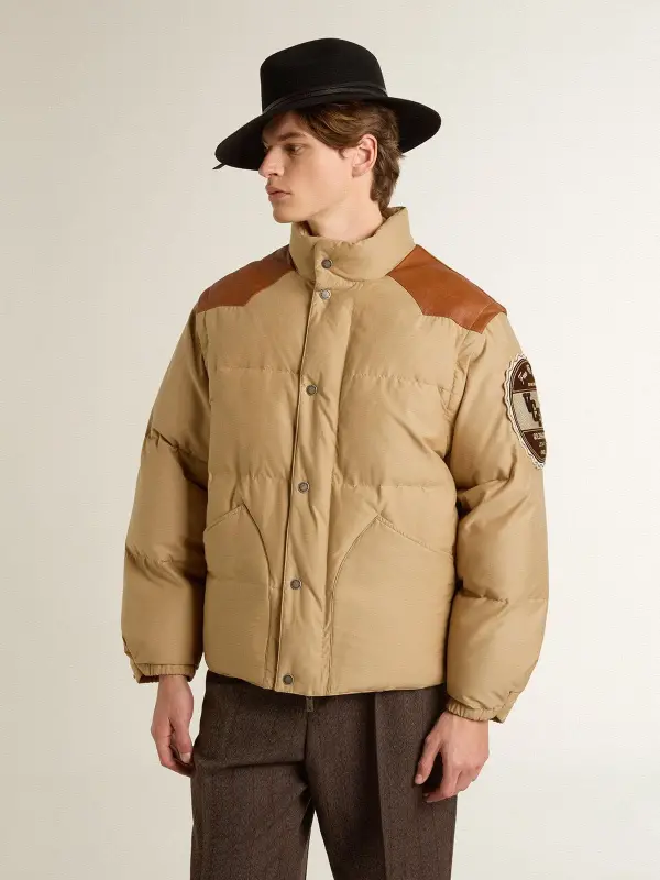 Beige bomber jacket with leather and patch details online