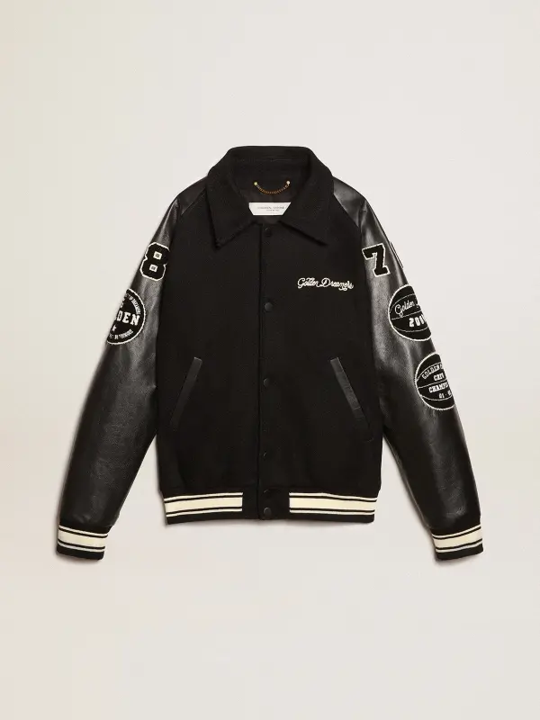 Black wool bomber jacket with patch online
