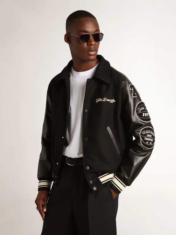 Black wool bomber jacket with patch online