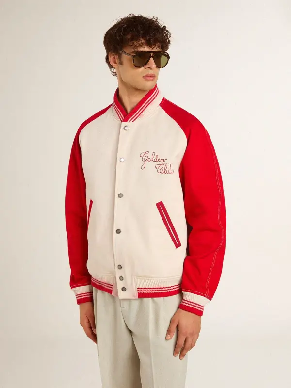 Bomber jacket in worn white and red with embroidery online