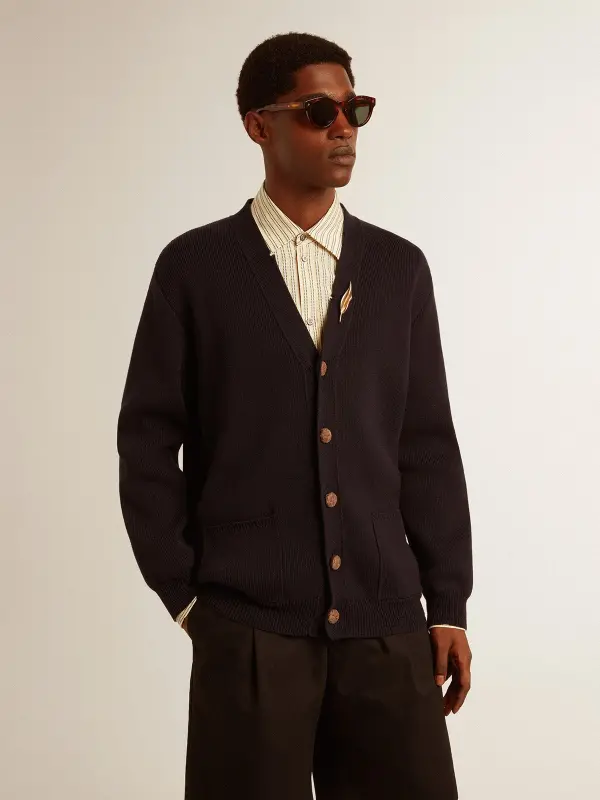 Golden Collection cardigan in dark blue cotton with a distressed finish online