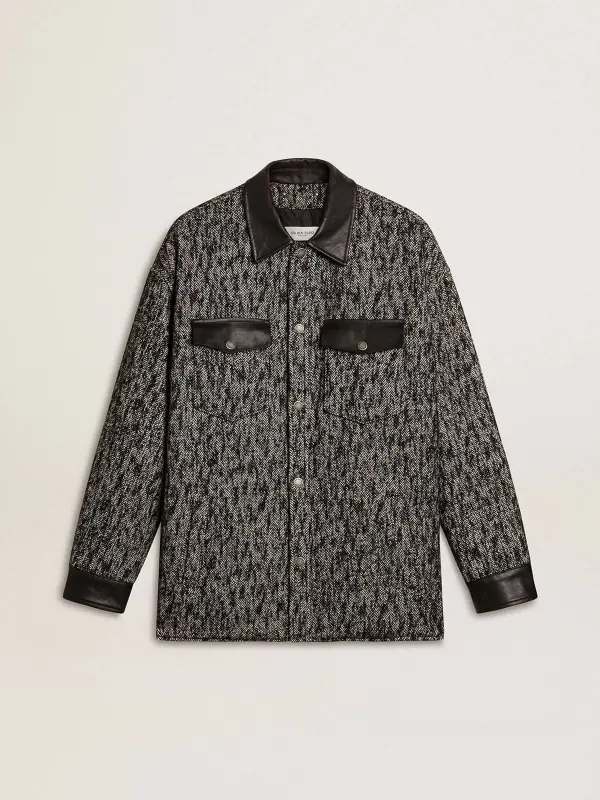 Gray herringbone jacket with black leather details online