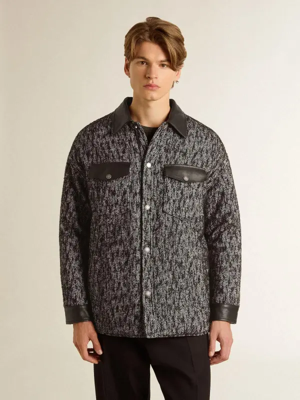 Gray herringbone jacket with black leather details online