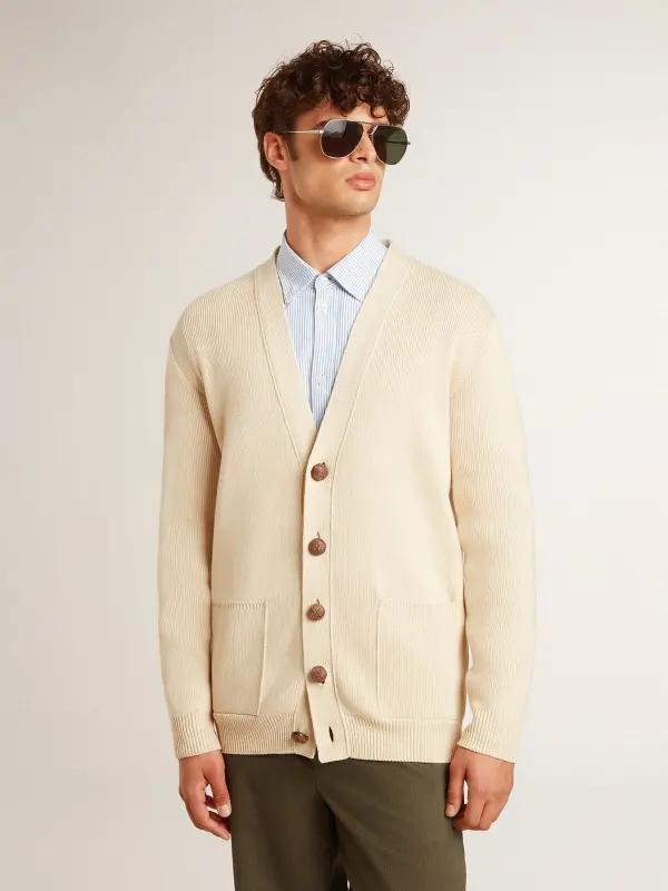 Men’s beige cardigan with ‘Golden’ lettering on the back online