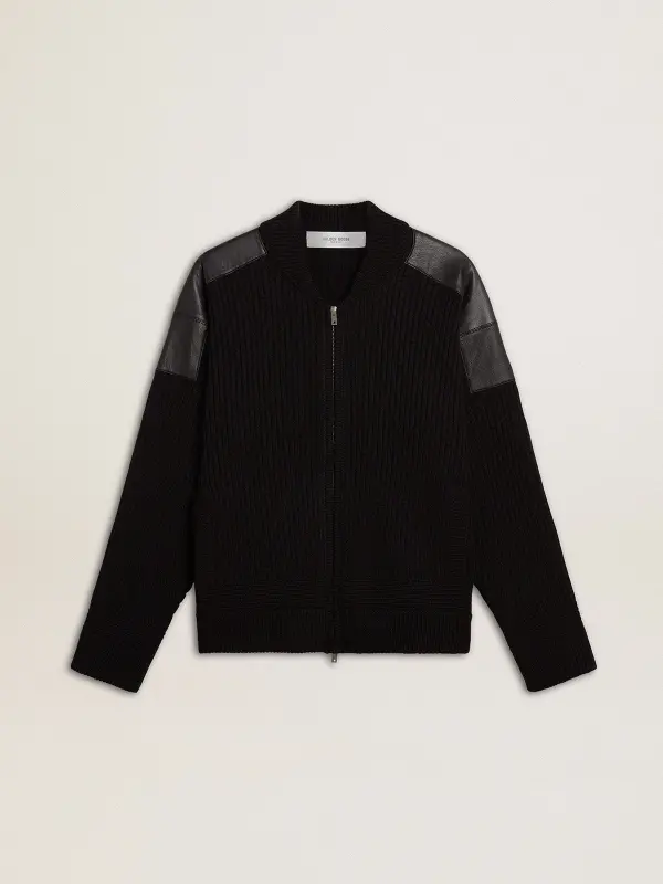 Men’s black merino wool jacket with leather patches online
