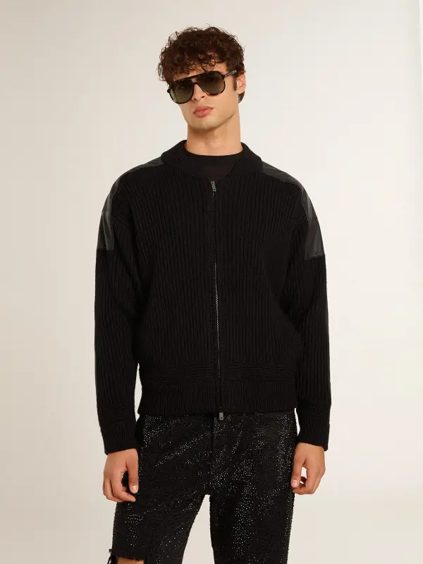 Men’s black merino wool jacket with leather patches online