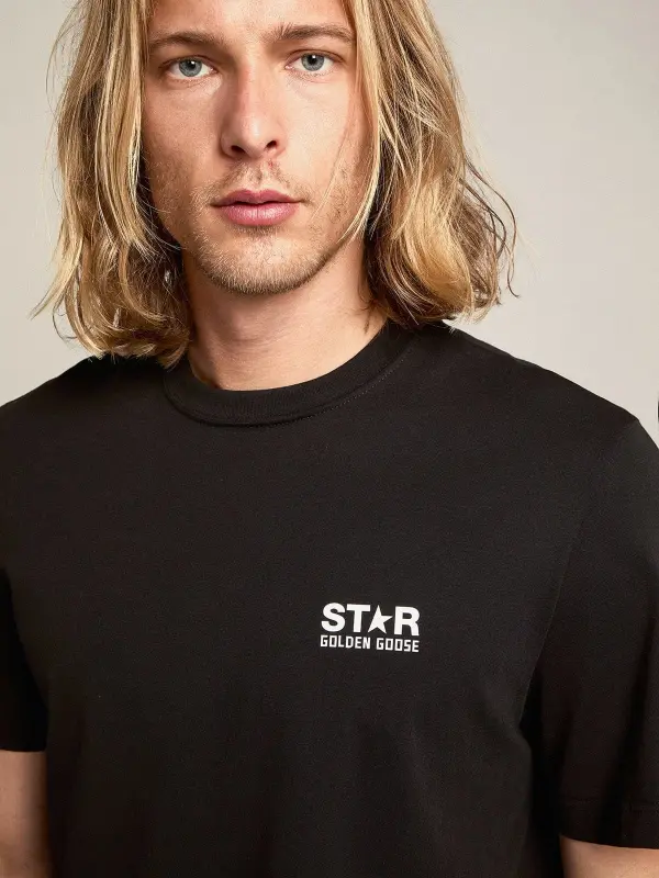 Men’s black T-shirt with contrasting white logo and star online