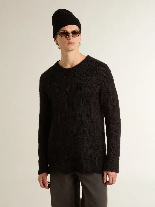 Men’s black wool sweater with a distressed effect online