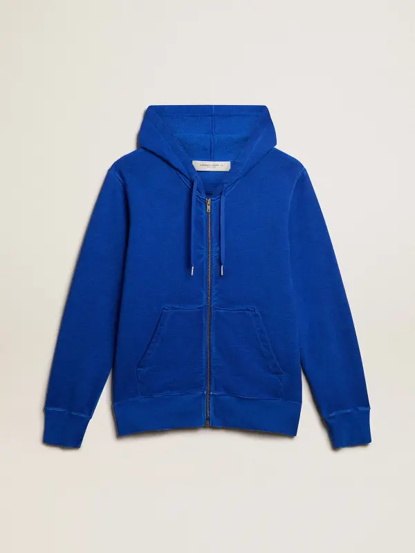 Men’s blue-colored hoodie with lettering on the back online